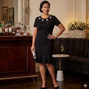 Carmen Marc Valvo Black Jewel-Embellished Neckline Dress